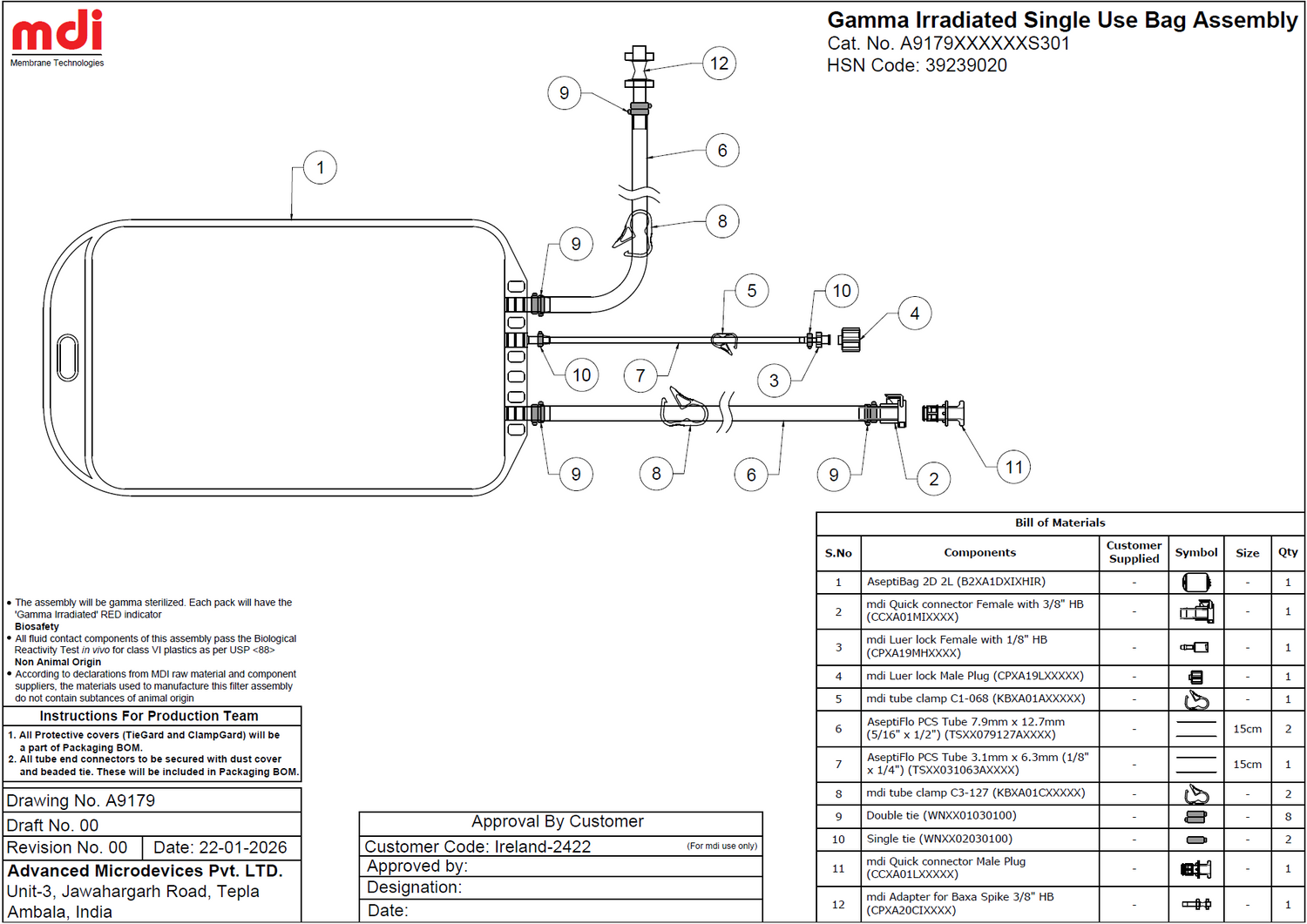 Gamma Irradiated Single Use Bag Assemblies